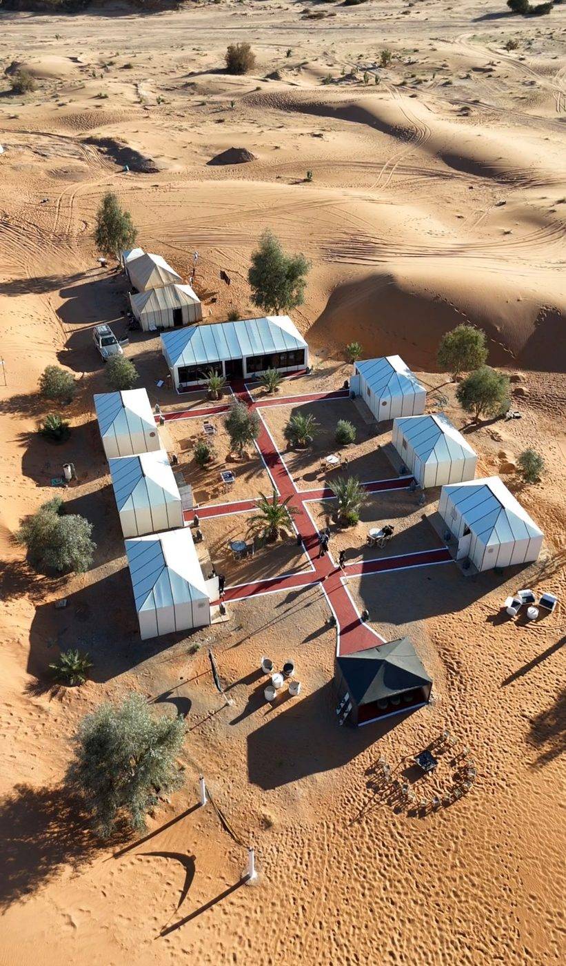 Aerial view of the camp by day