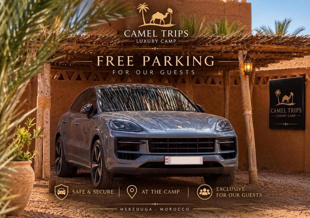 Free parking for guests at Camel Trips Luxury Camp in Merzouga