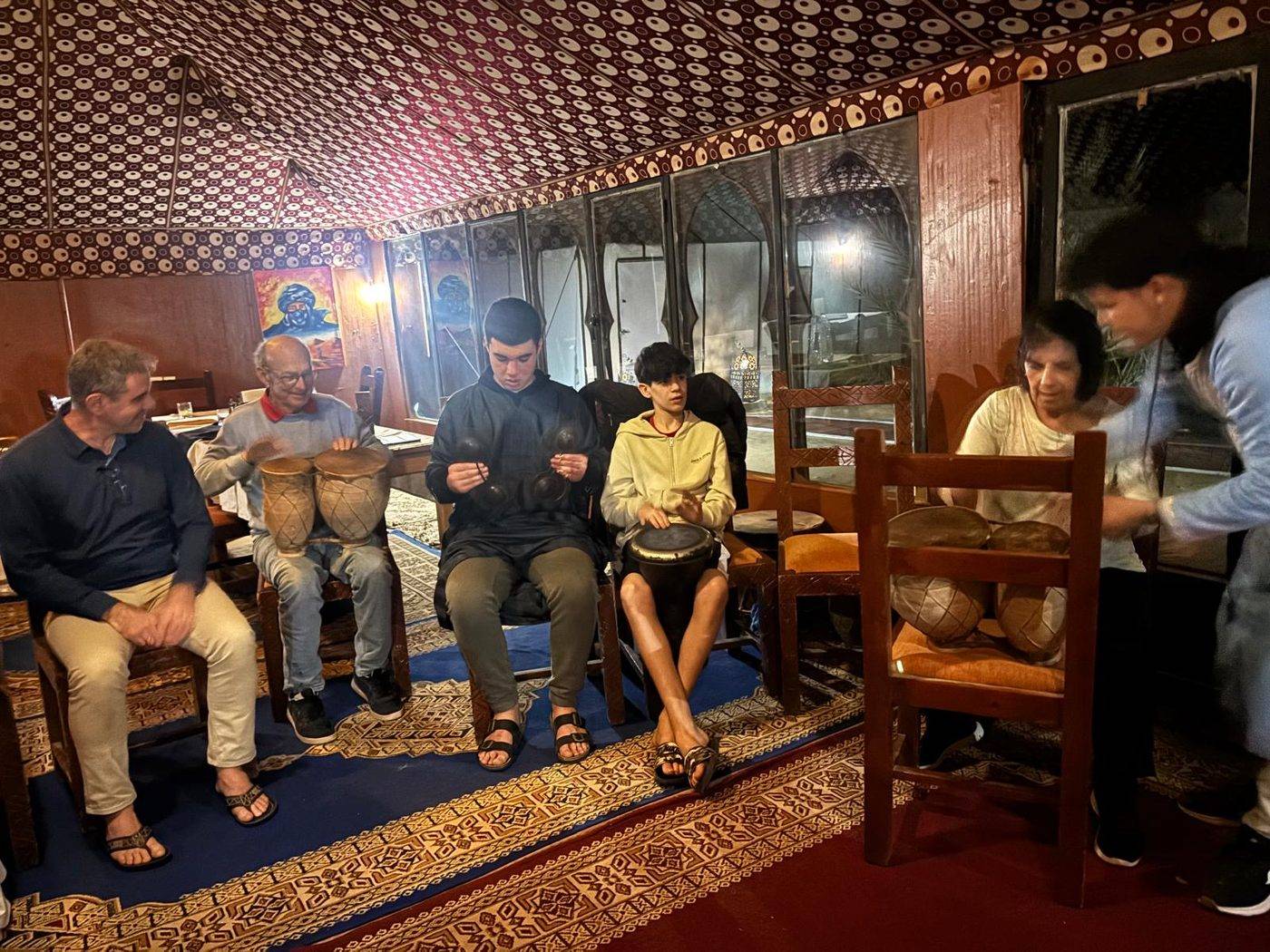 Guests playing Berber drums